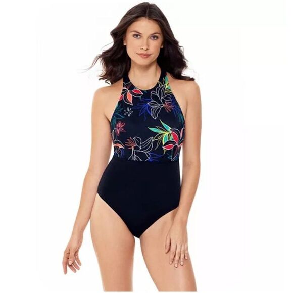 Eco Beach Women's High Neck One-Piece Swimsuit Color Black/Multi Size Large NWT - Picture 15 of 16